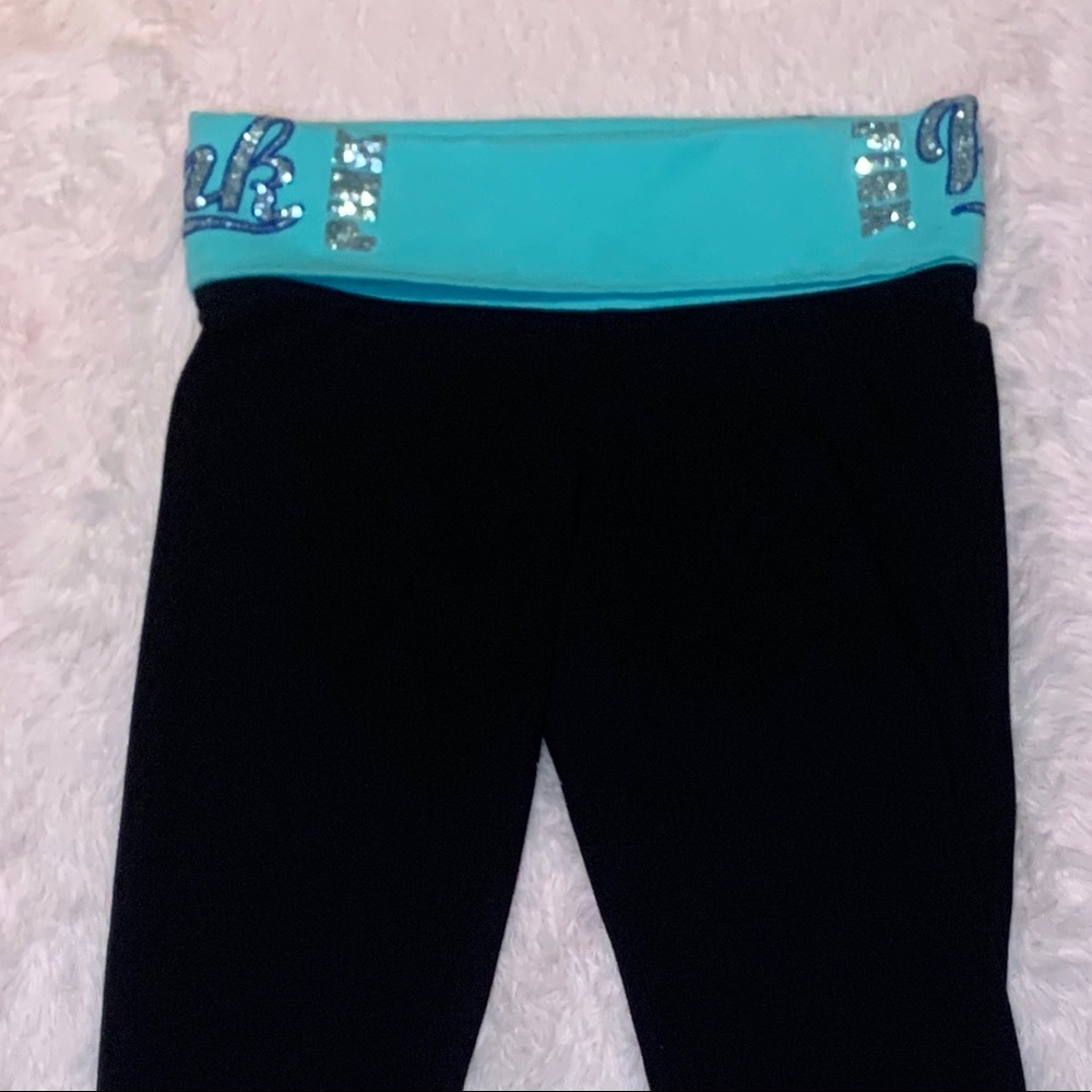 Victoria’s Secret Pink Bling Sequin Black Aqua Turquoise Yoga Leggings Tights - Picture 9 of 15
